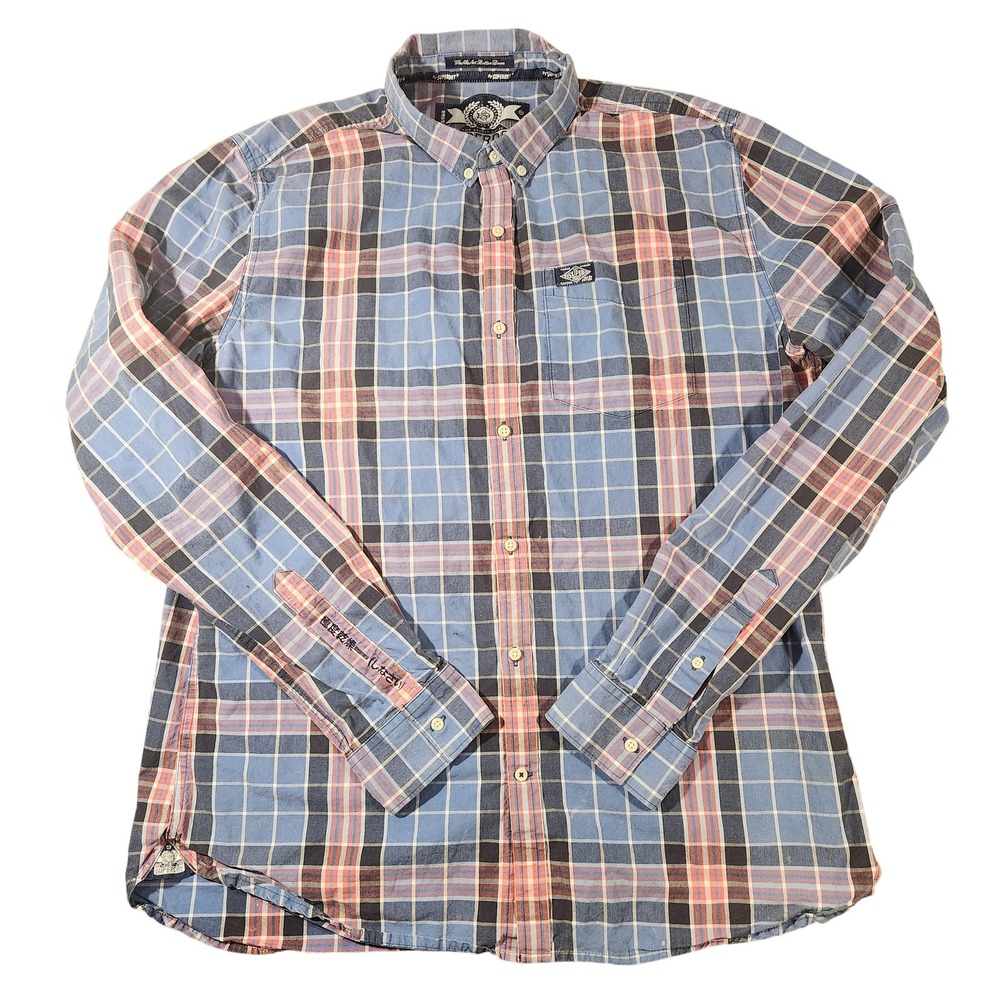 Superdry Shirt Mens 2XL Blue Red Plaid Button‎ Down Long Sleeve Casual